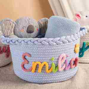 Panier de rangement pliable en coton tissé personnalisé pour bébé avec nom, jouets, décoration de chambre d'enfant, organisateur pour chiot/animal de compagnie - Product Image 1