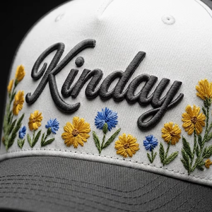Casquette de baseball esthétique avec broderie florale de marguerites sauvages jaunes et bleues, logo 3D en relief et contraste charbon-blanc - Product Image 2