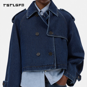 Veste trench courte en denim de coton bleu foncé pour homme, double boutonnage, coupe décontractée, printemps-automne - Product Image 2