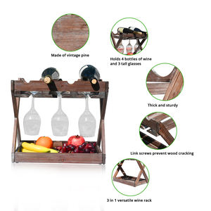 Rústico Estado <span class=keywords><strong>Cava</strong></span> Encimera Estante <span class=keywords><strong>de</strong></span> vino <span class=keywords><strong>de</strong></span> madera maciza para 4 botellas y 6 portavasos - Product Image 3