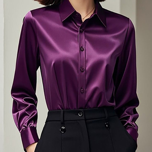 Camicia da donna con bottoni in raso di <span class=keywords><strong>seta</strong></span> <span class=keywords><strong>nera</strong></span> da donna a maniche lunghe per ufficio camicie da ufficio da donna Vintage in tessuto di raso con colletto rovesciato - Product Image 5