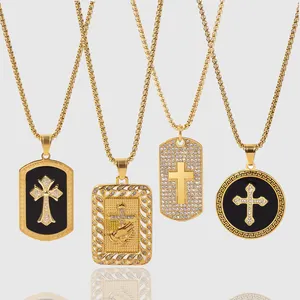 Personalized Vintage Men's Jewelry 18k Gold Plated Titanium Steel Diamond Crystal Dog Tags Cross Pendant Necklace
