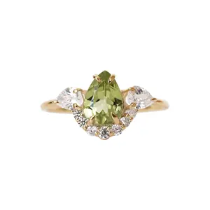 Anel de ouro peridot esmeralda 14 k, conjunto de jóias de luxo em forma de pear com três pedras leve