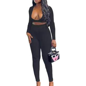 Conjunto de Salón de 2 Piezas para Mujer 2026 Personalizado: Top Corto de Manga Larga con Cuello Cuchara y Pantalones Ajustados sin Costuras con Diseño Hueco para Fiesta - Product Image 1