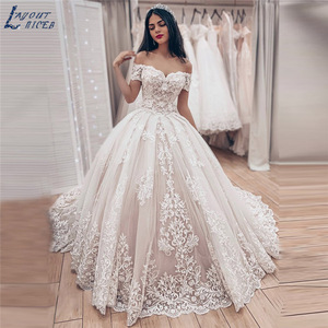 Princess Ball Gown Wedding Dress Off Shoulder <b>Lace</b> Applique Sweetheart Neckline <b>White</b> Ivory Vintage Style - Product Image 1