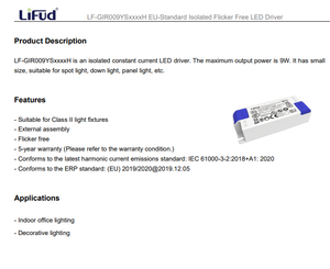 ไดรเวอร์ LED แบบกระแสคงที่ชนิดแยกอิสระ ป้องกันการกระพริบ LF-GIR009YS0135H LF-GIR009YS0160H 9W 135mA 160mA - Product Image 2
