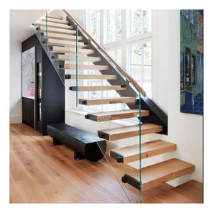 Escalera flotante en forma de I para renovaciones del hogar Escalera de madera Apartamento moderno personalizado Escaleras rectas con barandilla de vidrio - Product Image 1