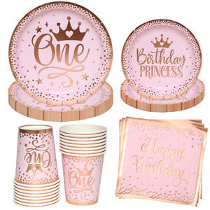 New Design 1 Year Girl Birthday Party Disposable Tableware Paper Plate Paper Cup Tableware Set - Product Image 1