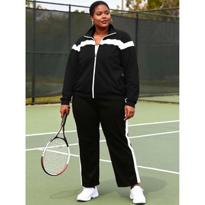 Conjunto deportivo de dos piezas para mujer, talla grande, con chaqueta con cremallera, pantalones deportivos, ropa informal para estar en casa, diseño con rayas laterales. - Product Image 3