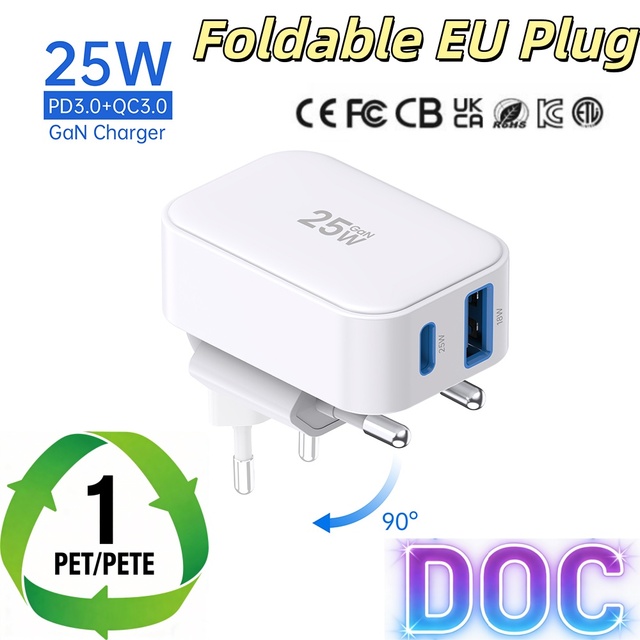 Tommox Foldable 25W USB-C/GaN Wall Charger with OTP Protection for Mobile Phones Cameras & Tablets-Fast Charging