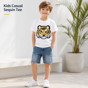 <span class=keywords><strong>T</strong></span>-<span class=keywords><strong>shirt</strong></span> à sequins animaux pour enfants, garçons et filles, motif tigre et panda, manches courtes, coton, haut d'é<span class=keywords><strong>t</strong></span>é, vente en gros OEM - Product Image 1