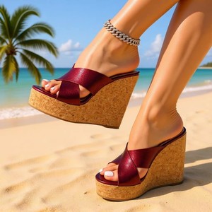 Nouvelles sandales compensées bordeaux à brides croisées avec motif grain de bois - Élégantes, polyvalentes et imperméables - Product Image 2