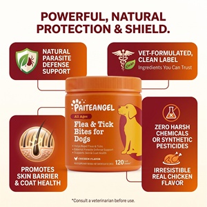 Friandises à mâcher souples anti-puces et tiques pour chiens, défense naturelle contre les parasites, complément pour la santé <span class=keywords><strong>de</strong></span> la peau et du pelage, 120 unités, marque privée - Product Image 1