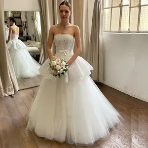 2 In 1 A Line Wedding Dresses 2024 Strapless French Lace Detachable Skirt Bridal Dress Two Pieces Puffy Skirt Wedding Gowns