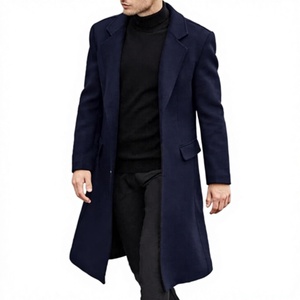 Manteau long élégant bleu marine en laine et polyester, col à revers, manches longues, devant ouvert, vêtement d'extérieur pour l'hiver - Product Image 1