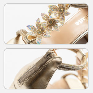 <span class=keywords><strong>Sandali</strong></span> con Tacco a Blocco Dorato per Ragazze, Punta Aperta con Decorazione Floreale in Strass, Cinturino a T alla Caviglia, Scarpe Eleganti per Primavera Estate e Feste - Product Image 4