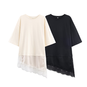 Camiseta Casual de Manga Corta para Mujer, Otoño 2025, Poliéster Sólido, Corte Holgado, Transpirable, con Encaje - Product Image 1