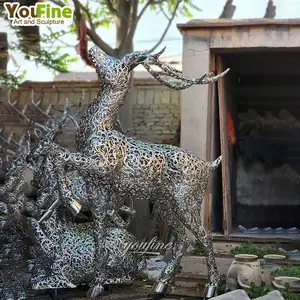 流行金属银子花园动物雕像不锈钢镂空鹿雕塑