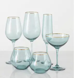 Besta DDP蓝色喷涂饮用玻璃酒杯水晶玻璃器皿，带金色边缘