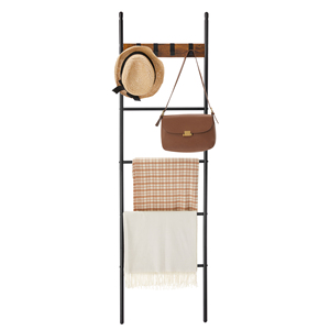 <span class=keywords><strong>VASAGLE</strong></span> <span class=keywords><strong>Étagère</strong></span> à échelle à 5 niveaux avec 4 crochets, support pour serviettes et couvertures, style ferme, vente en gros, non pliable - Product Image 1