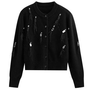 Elegante Cardigan da <span class=keywords><strong>Donna</strong></span> Fatto a Mano in 100% Lana Aperto sul Davanti con Design di Piume e Paillettes <span class=keywords><strong>Maglieria</strong></span> a Maniche Lunghe per l'Inverno - Product Image 2