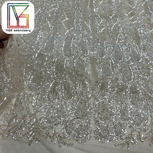 Nouveau Design Tissu de Dentelle Mariée en Tulle Perlée et Pailletée Lourd Luxe Africain Faite à la Main en Perles sur Maille pour Robes Femme - Product Image 6