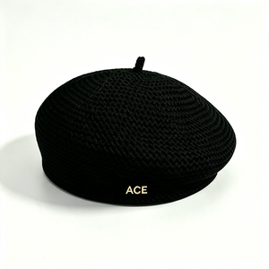 Women Solid Black Crochet Knit <b>Beret</b> Beanie Hat with Metal ACE Logo Soft Stretch Fashion for Autumn Winter Wholesale - Product Image 2