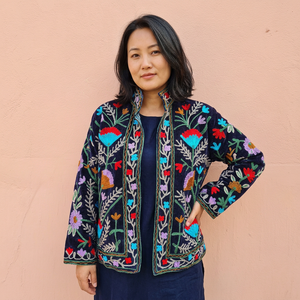 Women's Embroidered <b>Velvet</b> <b>Blazer</b> Mandarin Collar Floral Handcrafted Ethnic Jacket Autumn Full Sleeve Regular gift for her - Product Image 1