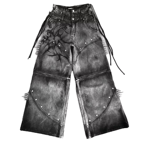 OEM Gothic <b>Bleach</b> Wash Wide Leg Men's Jeans Studded Spike Lace-Up Tribal Print Streetwear Denim Pant - Product Image 1