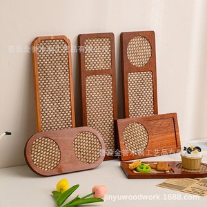 Japanese Style Wooden <b>Tray</b> <b>Tea</b> Serving Rectangular With Woven Insert For Hotel Restaurant Dessert Sushi Platter - Product Image 1