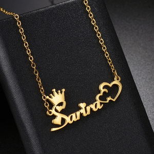 Personalized Custom 2 <b>Name</b> Gold Plated Stainless Steel <b>Necklace</b> Stylish Retro Crown Heart <b>Pendant</b> Link Chain Women Men UIONEN - Product Image 3