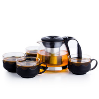 Ensemble théière portable BAMBUS en verre borosilicate haute résistance avec filtre en acier inoxydable et manchons isolants, 5 pièces (1 théière + 4 tasses)