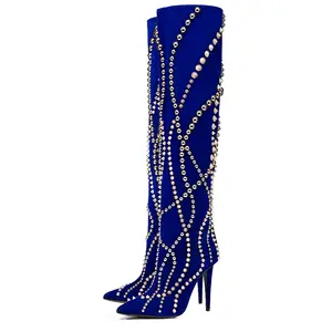 Xinzirain Custom Design Large Size Silver Rivet Decoration Stiletto Heel Pointed Toe Long Knee High Boots for Winter Season