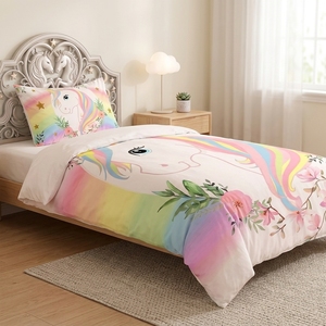 Single Size Unicorn <strong>Duvet</strong> Cover Set Rainbow Unicorn Print Bedding Set for <strong>Toddler</strong> Girls - Product Image 4