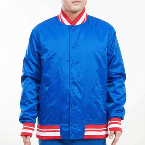 Chaqueta Varsity Azul Satinado para Hombre, Chaqueta de Béisbol con Cuello Alto, Logotipo Personalizado, Ropa Exterior Informal de Invierno - Product Image 1