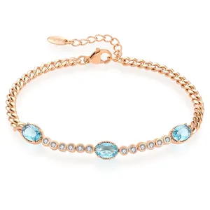High Quality Sky Blue CZ Paved Fashion Bracelet S925 Silver Cuban Chain Bracelet Waterproof Jewelry For Women Gift