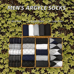 Chaussettes habillées d'automne jetables pour hommes, respirantes, coupe ras du cou, en mélange de coton uni, avec revers à logo, 5 paires par boîte, vente en gros - Product Image 2