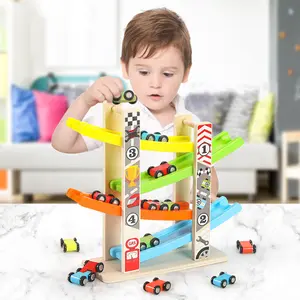 1:64 quy mô tùy chỉnh bằng gỗ 4 lớp mầm non đường sắt cho trẻ em giáo dục học tập trượt theo dõi xe đồ chơi