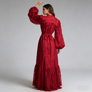 Vestido de Mujer Estilo Corte Francesa Otoño 2025, Vestido Largo de Encaje con Mangas Farol y Cintura Ajustable de Alta Gama - Product Image 4