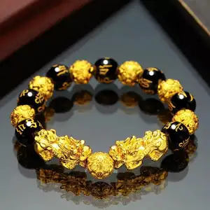 Gelang Manik-manik Batu Obsidian Feng Shui, Gelang Uniseks Warna Emas Hitam Pixiu Kekayaan dan Keberuntungan untuk Wanita