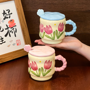 Taza de cerámica con diseño de tulipanes, con tapa y asa, estampado de flores, regalo para amigos, regalo de cumpleaños, verano 2024 - Product Image 4