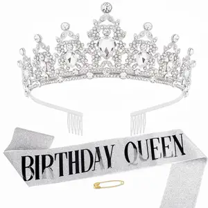 8 cores aniversário rainha faixa e strass coroa tiara com pente para decorações do aniversário & favores do partido