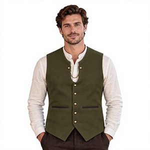 Gilet formel en laine pour homme, col en V, vert olive uni, court, respirant, simple boutonnage avec boutons, pour l'automne - Product Image 1