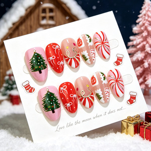 30 faux ongles de Noël à presser, motif amande, avec sapin de Noël et nœud doré, style français, manucure festive pour les fêtes, très demandés - Product Image 4