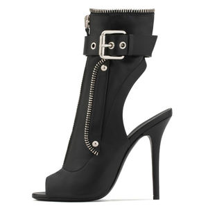 Botines negros con punta abierta para <span class=keywords><strong>mujer</strong></span>, botines <span class=keywords><strong>de</strong></span> tacón alto con cremallera frontal, botines con correa y hebilla, tacones <span class=keywords><strong>de</strong></span> verano para <span class=keywords><strong>mujer</strong></span>, zapatos <span class=keywords><strong>de</strong></span> vestir sexis 2018 - Product Image 1
