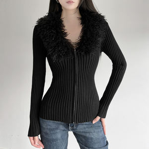 V Neck Zip Up Knit Jacket <b>Women</b> Patchwork Collar Casual Street Style Y2K Fashion Versatile Knit Top - Product Image 5