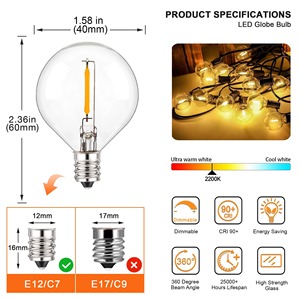 <span class=keywords><strong>Ampoule</strong></span> <span class=keywords><strong>LED</strong></span> de remplacement E12 G40 Globe AC110V 220V 1W Équivalent 2200K Blanc Chaud pour Décoration de Guirlande Lumineuse Intérieure et Extérieure - Product Image 2