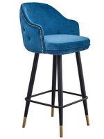 Chaise de bar à café bleu moderne à dossier boutonné Tabourets de bar de luxe avec dossier Chaise de bar haute en velours pour salon