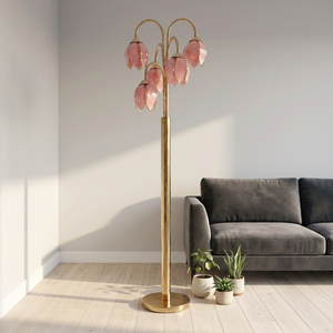 Pink Glass Petal <b>Floor</b> <b>Lamp</b> with Metal Base Contemporary Design Large Size <b>for</b> Residential Use - Product Image 6