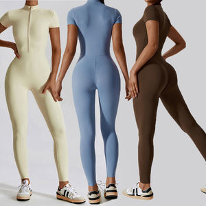 SHINBENE Women Yoga Jumpsuit <strong>Zip</strong> <strong>up</strong> Leggings Romper Short Sleeve High Elastic Tracksuit <strong>Playsuits</strong> - Product Image 1